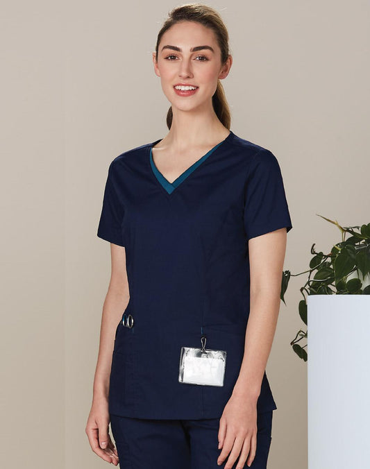 Ladies V-Neck Contrast Trim Scrub Tops - M7660