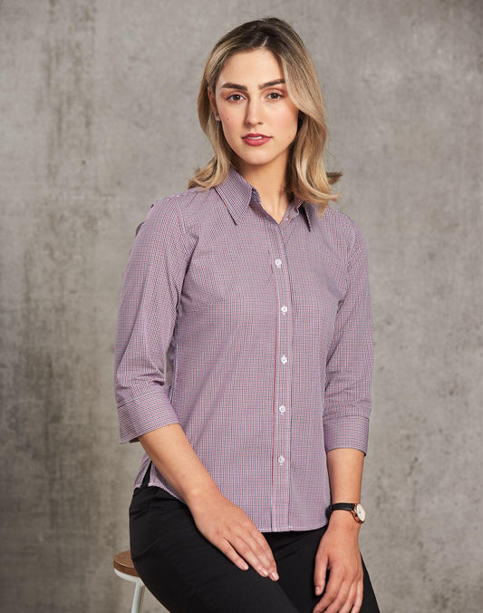 Ladies Two Tone Mini Gingham 3/4 Sleeve Shirt - M8340Q